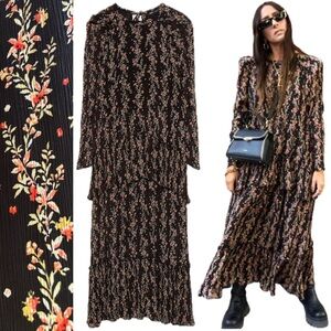 Zara Black Floral Pleated Ruffle Midi Maxi Dress Bloggers Fave Bohemian Crinkle